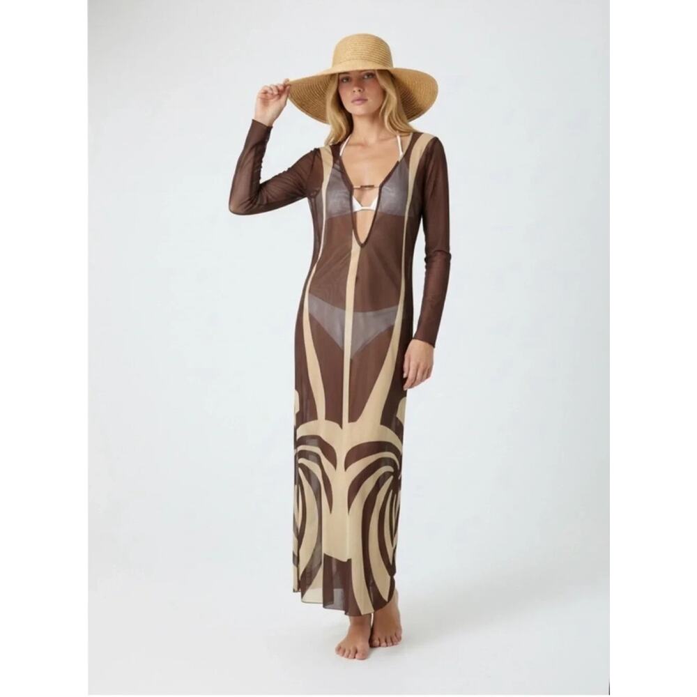 NWT Caroline Constas Brown Cover Up Maxi Dress Mesh Long Sleeve Sheer Beige M - Picture 3 of 9